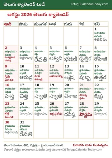 ఆగస్టు 2026 తెలుగు క్యాలెండర్ ప్రింట్ చిత్రం