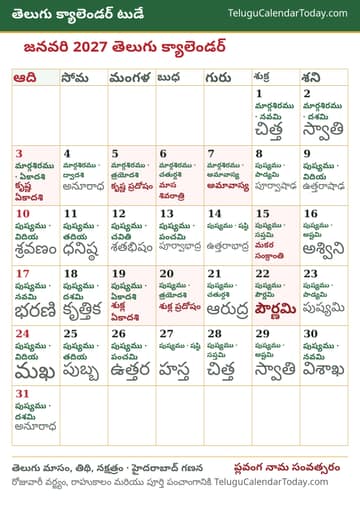 జనవరి 2027 తెలుగు క్యాలెండర్ ప్రింట్ చిత్రం