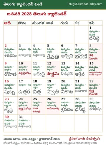 జనవరి 2028 తెలుగు క్యాలెండర్ ప్రింట్ చిత్రం