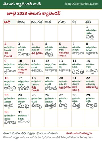 జూలై 2028 తెలుగు క్యాలెండర్ ప్రింట్ చిత్రం
