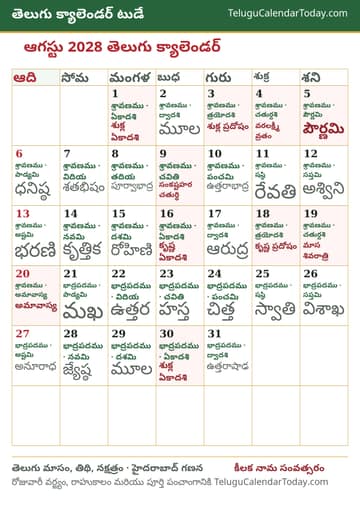 ఆగస్టు 2028 తెలుగు క్యాలెండర్ ప్రింట్ చిత్రం