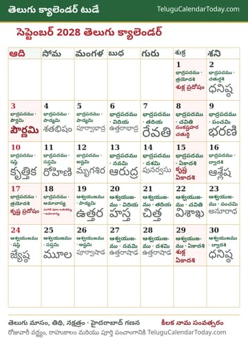 సెప్టెంబర్ 2028 తెలుగు క్యాలెండర్ ప్రింట్ చిత్రం