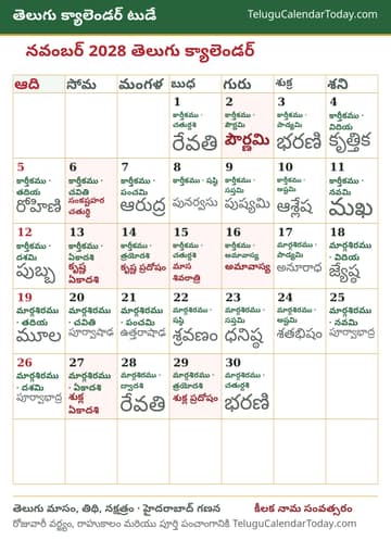 నవంబర్ 2028 తెలుగు క్యాలెండర్ ప్రింట్ చిత్రం