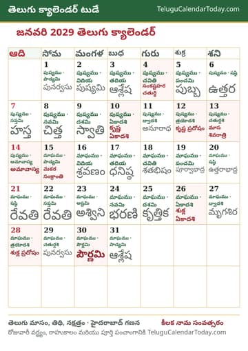 జనవరి 2029 తెలుగు క్యాలెండర్ ప్రింట్ చిత్రం
