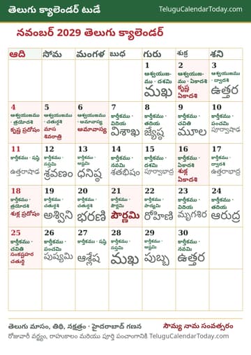 నవంబర్ 2029 తెలుగు క్యాలెండర్ ప్రింట్ చిత్రం